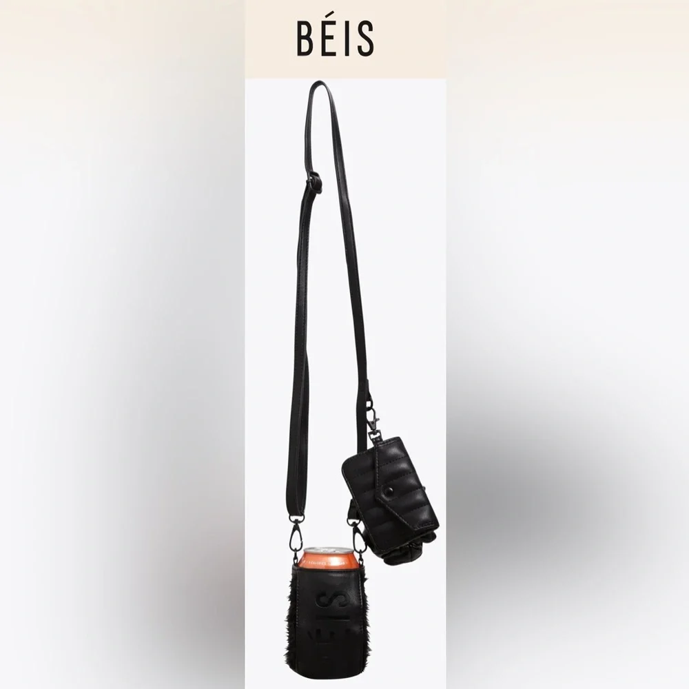 BEIS Black Travel‎ Drink Faux Fur Koozie Sling Bag Wallet Strap Accessory NWT